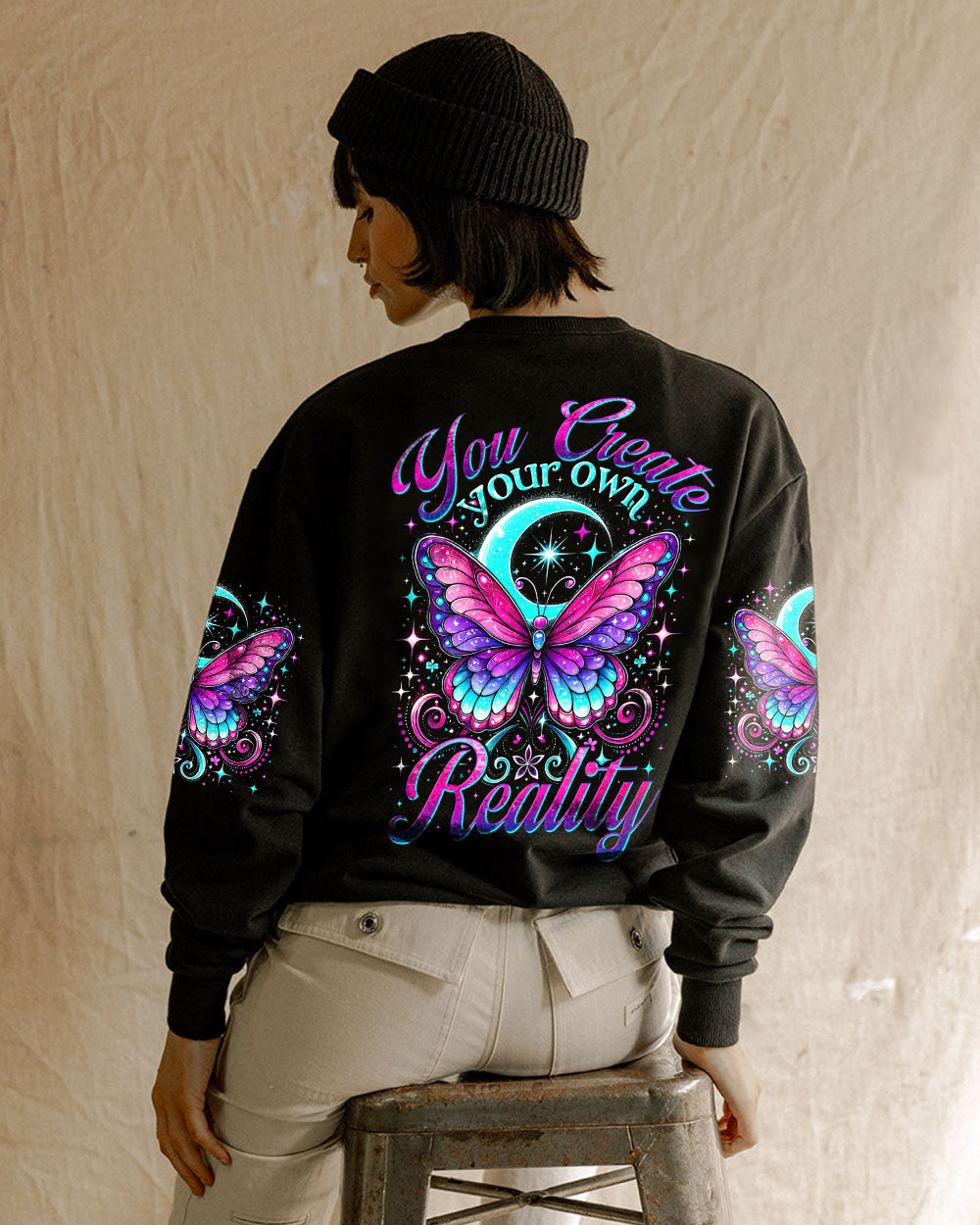 You Create Your Own Reality Purple Butterfly and Moon Spiritual Graphic AOP Shirts _9_ EeSCe
