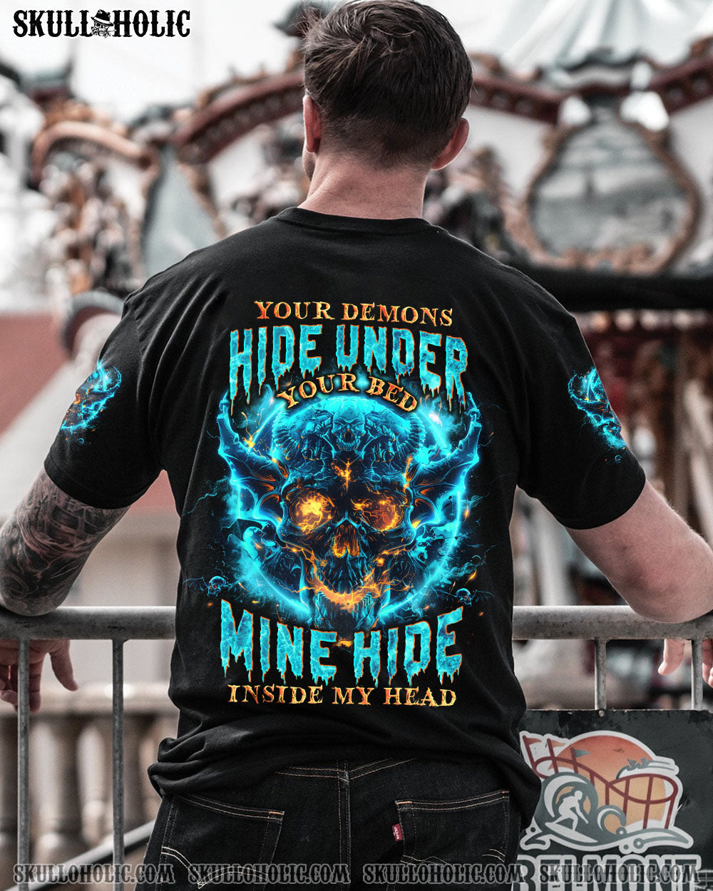 Your Demons Hide Under your Bed Mine Hide in My Head Blue Flame Skull Gothic AOP Shirts _1_ 2waql