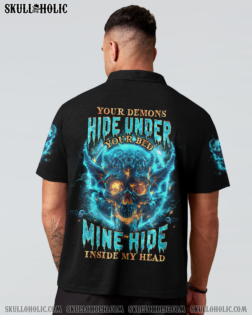 Your Demons Hide Under your Bed Mine Hide in My Head Blue Flame Skull Gothic AOP Shirts _5_ m8hHe