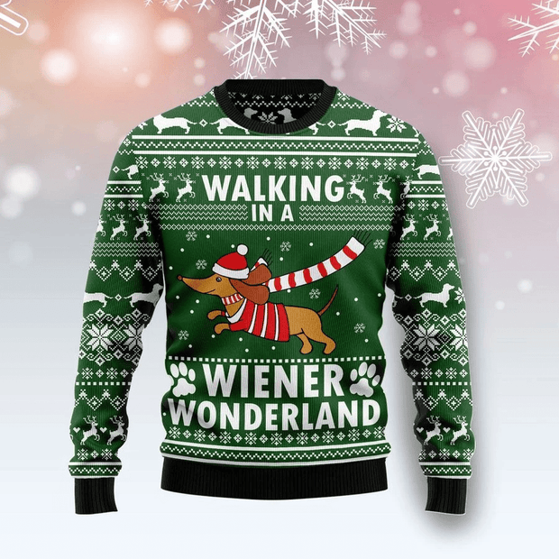 Dog Walking In A Wiener Wonderland Green Ugly Christmas Sweater