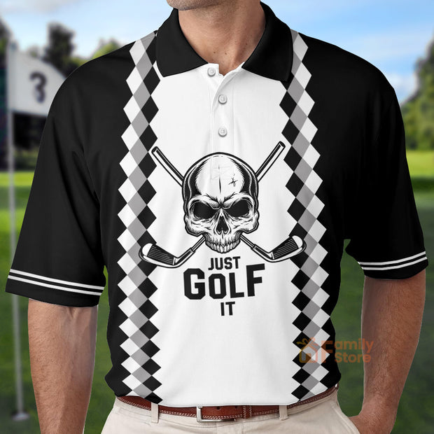 Black And White Argyle Pattern Just Golf It Skull Golf - Men Polo