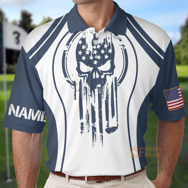 Custom Name Skull Golf Us Flag - Personalized Men Polo