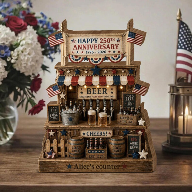 Patriotic Bar Shelf Beer Stand USA 250th Anniversary 4th of July - Personalized Wooden Block - 250th Anniversary Gift