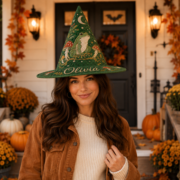 Mystical Moonlight Frog - Personalized Quilted Witch Hat - Gift For Halloween