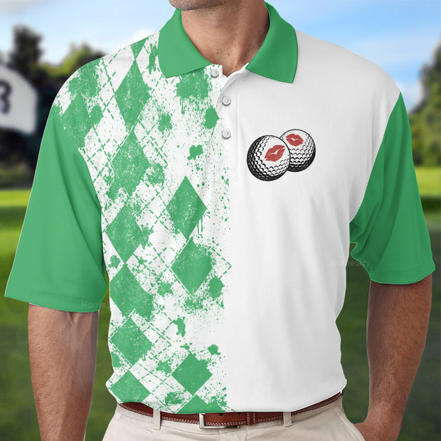 Golf Kiss My Balls Green Argyle Pattern Polo Shirt QT211648La