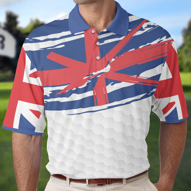 United Kingdom Flag Golf Texture Blue Golfer Polo Shirt, Great Britain Jack Polo Shirt, UK Golf Shirt For Men QT206239La