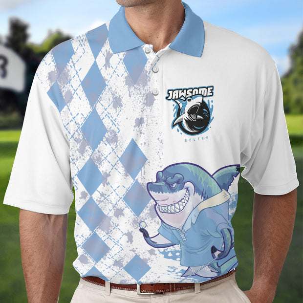 Jawsome Golfer Shark Argyle Pattern Golf Polo Shirt QT207114La