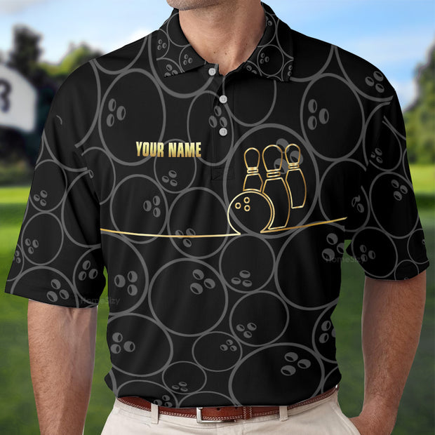 Personalized Custom Name Bowling Pattern And Golden Polo Custom Cosplay Polo Shirt, Black Bowling Shirt With Name, Bowling Gift Idea QT301005La