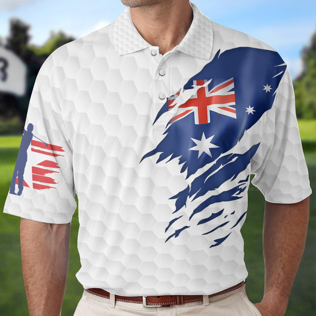 Golf Australian Flag Polo Shirt, White Golf Pattern Polo Shirt, Best Australian Golf Shirt For Men QT301034La