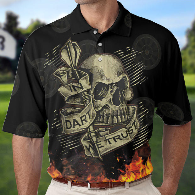 In Dart We Trust Short Sleeve Polo Shirt, Fire Play Hard Skull Polo Shirt, Cool Dart Shirt For Men QT303047La