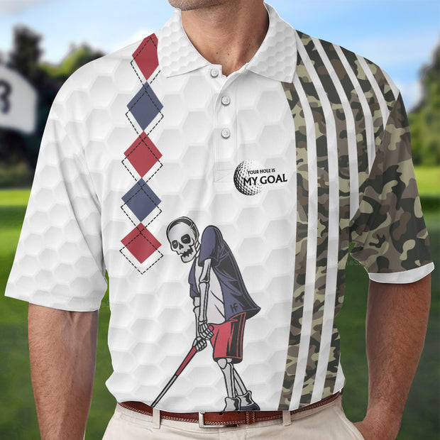 Be Skull And Goal Camouflage Polo Shirt, Your Hole Is My Goal Stripes Pattern Shirt, Camo Golf Shirt For Men QT210567La