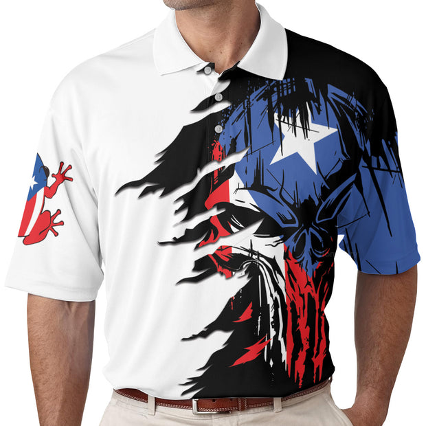 Puerto Rico Skull Polo Shirt, White Skull Puerto Rico Flag Shirt For American, Best Puerto Rico State Shirt QT210336La