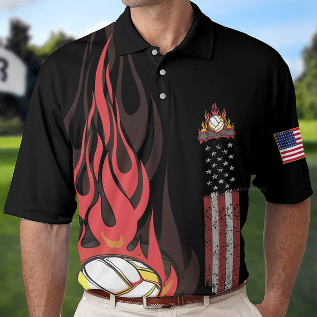 Volleyball Flame Short Sleeve Polo Shirt, Black American Flag Polo Shirt, Best Volleyball Shirt For Men QT206243La