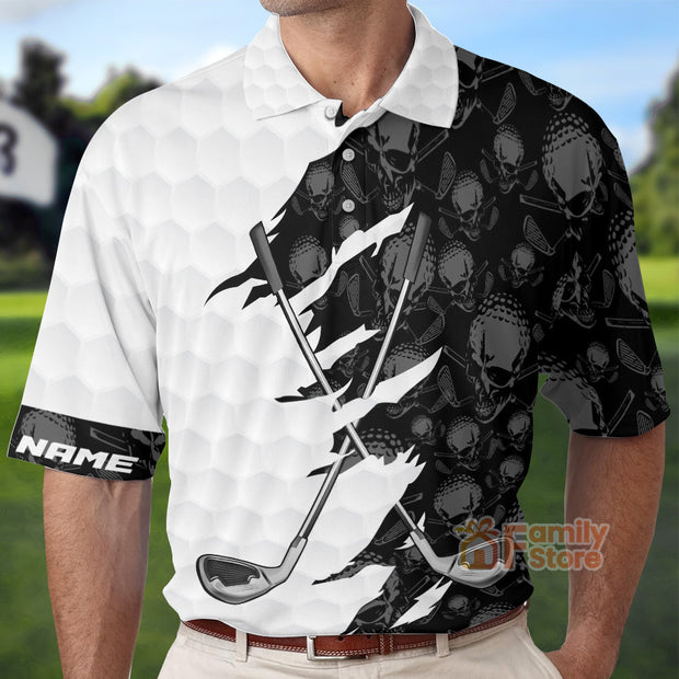 Black And White Skull Pattern Golf - Personalized Men Polo Shirt