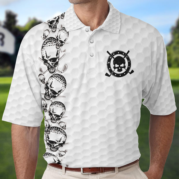 Golfing Skull Golf Ball And Clubs Shirt Polo Shirt, Golf Pattern Polo Shirt, Black And White Golf Shirt For Men QT208479La