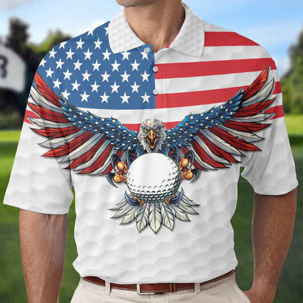 American Flag Eagle Wings White Golf Pattern Polo Shirt, And Golf Ball Polo Shirt QT212024La