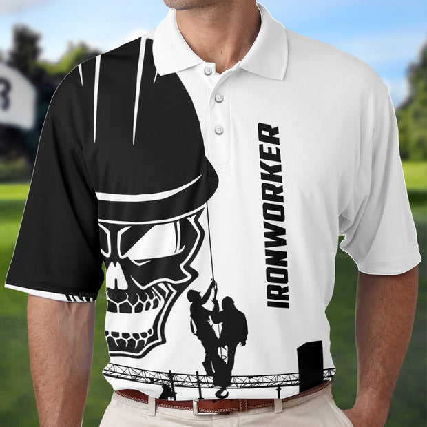 Ironworker Skull Short Sleeve Polo Shirt, Black Silhouette Skull Polo Shirt, Ironworker Shirt For Men QT307338