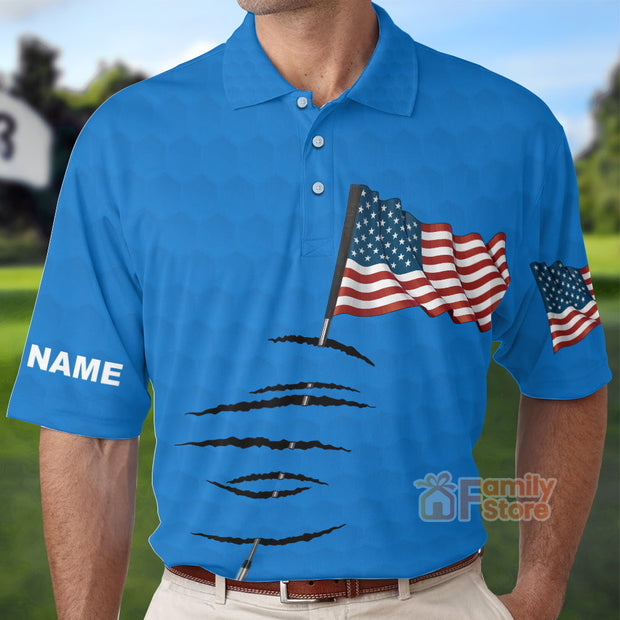 Personalized Custom Name American Flag 4th July Blue Men Golf Polo Shirt