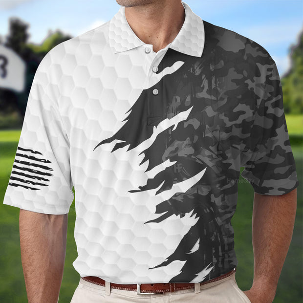 Personalized Custom Name Swing Swear Drink Repeat Ripped Camouflage Skull Golf Custom Cosplay Polo Shirt, Black And White Golf Shirt For Men QT206258La