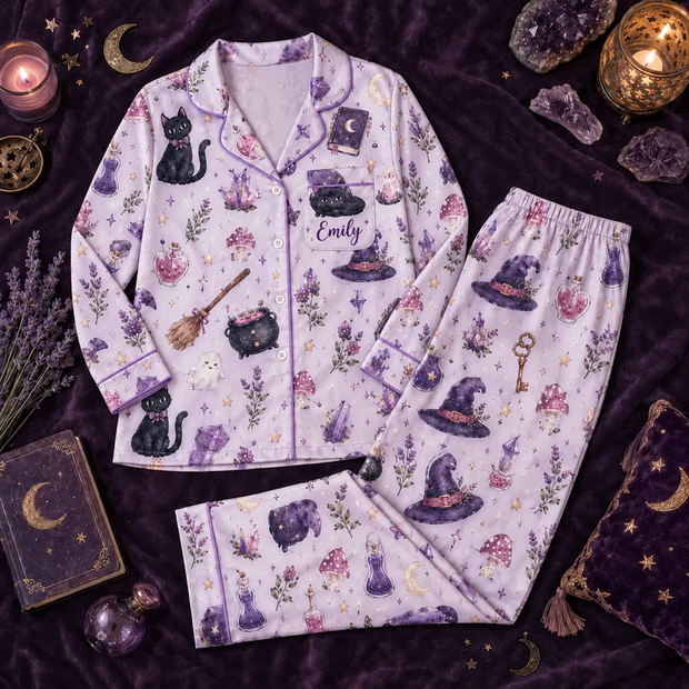 Witch Black Cat Cozy Sleepwear Halloween Gifts For Her, Witch Lovers - Personalized Pajama Set