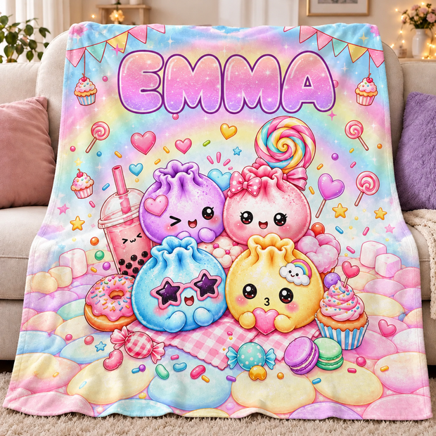 Dumpling Squishy Adventure Custom Name Christmas Gift For Kids, For Girls - Personalized Sherpa Blanket