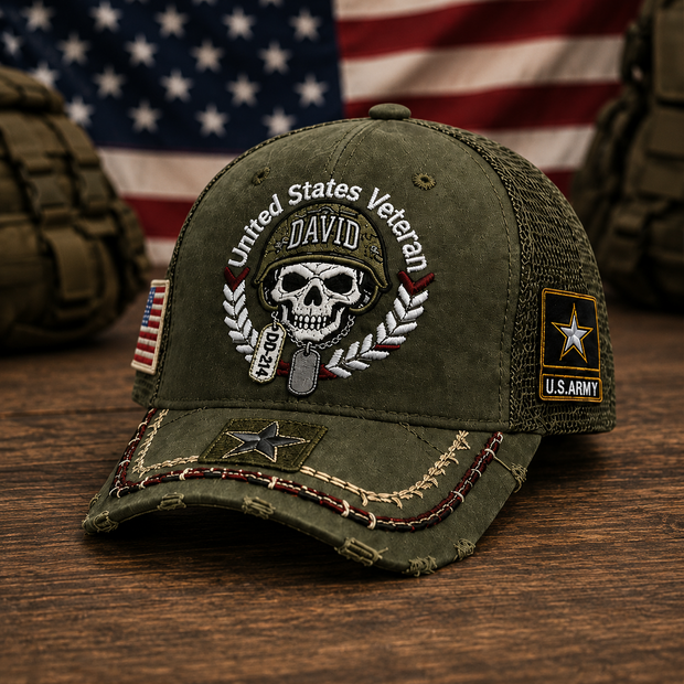 United States Veteran Skull Embroidered Distressed Trucker Cap - Personalized Classic Cap - Gift For Veretans