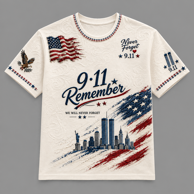 September 11 Never Forget Memorial American Flag - Personalized AOP Tshirt