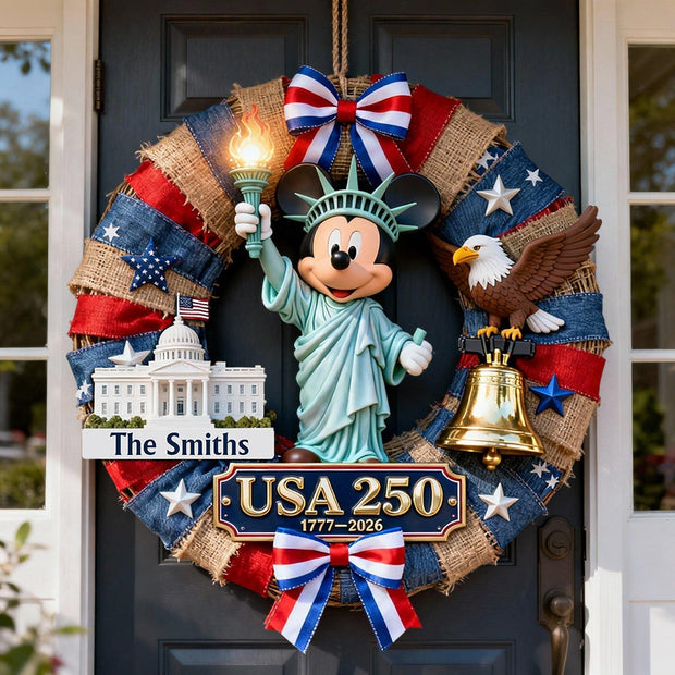 USA Mouse 250th Anniversary Patriotic Wreath - Personalized Custom Shaped Wood Sign CT01