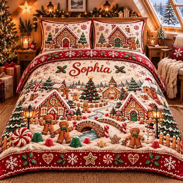Christmas Gingerbread Village Gift For Kids, For Family - Personalized Quilted Bedding Set