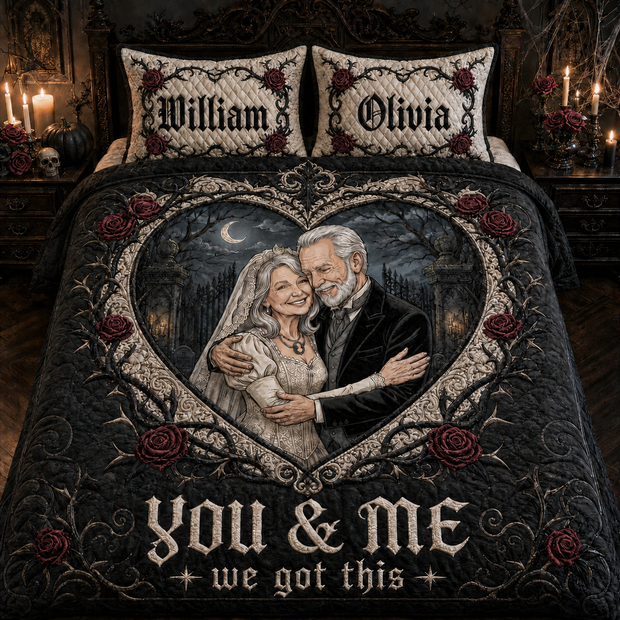 Custom Photo Gothic Quilt Bedding Set - Personalized Halloween Anniversary Wedding Gifts For Husband And Wife, Him And Her - Hauntingly Sweet Love