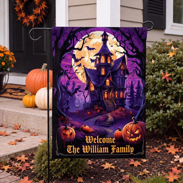 Purple Spooky Mansion Pumpkin - Personalized Flag - Halloween Gifts For Family