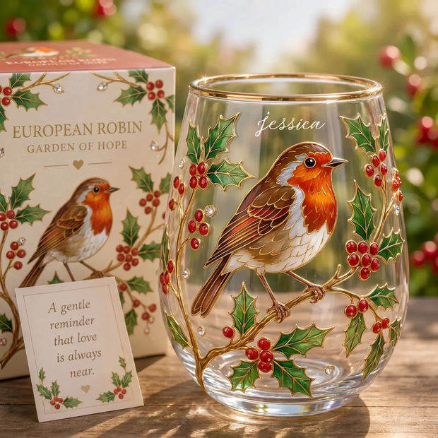 European Robin Glass Tea Cup - Personalized Stemless Wine Glass - Memorial Gift