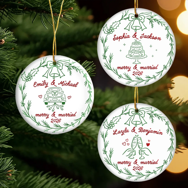 Married And Merry - Personalized Ceramic Ornament - Chrismas Gift For Couple