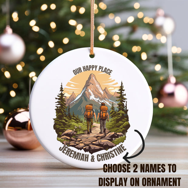 Our Happy Place Hiking - Personalized Ceramic Ornament - Christmas Gift For Hiker, Hiking Lovers HN02