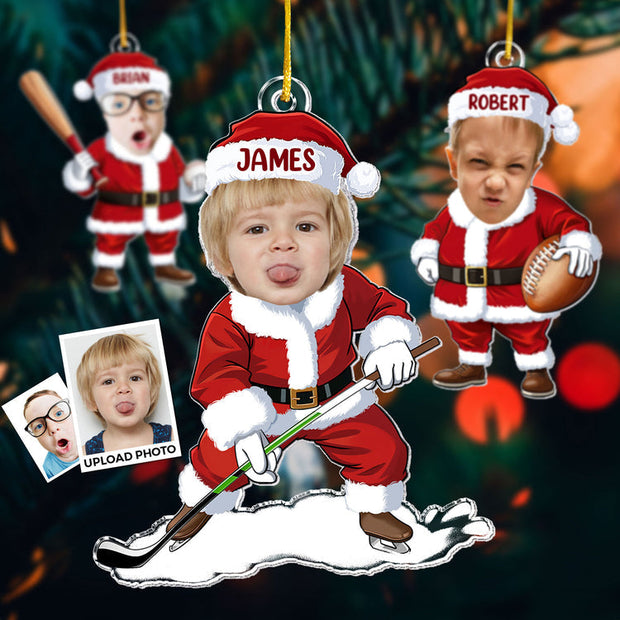 Custom Photo Playing Sports In Santa Costume Christmas Gifts For Kids- Personalized Acrylic Ornament MH01