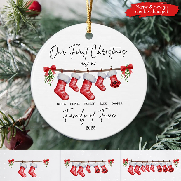 First Christmas As A Family Of Five With Pet - Personalized Ceramic Ornament - Babies First Christmas Gifts HN02