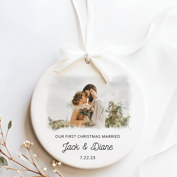 Custom Photo First Christmas Married - Personalized Ceramic Ornament - Gift For Couple, Husband, Wife, Family Members HN02