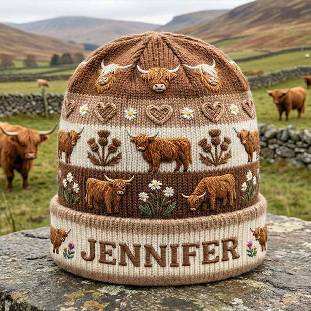 Highland Cow Farm Life Custom Name Gift For Her - Personalized Beanie Hat