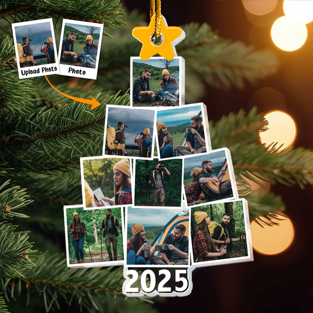 Custom Photo Camping Christmas Tree - Personalized Shaped Acrylic Ornament - Gift For Camping, Hiking Lover Or Couple HN02