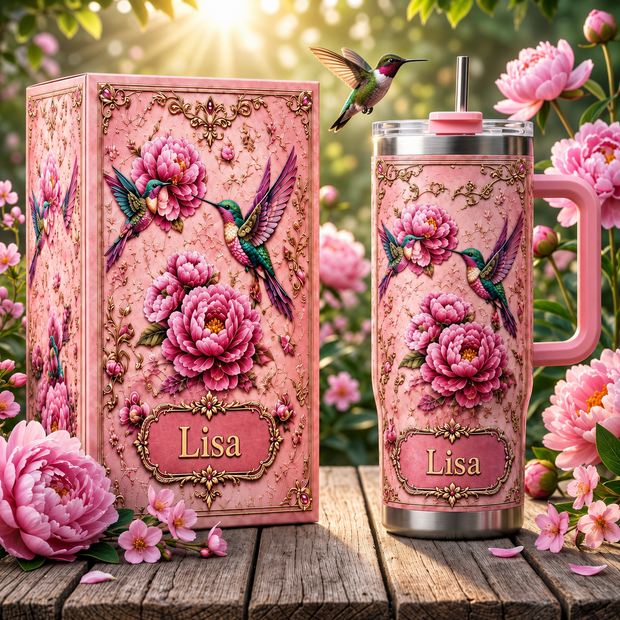 Hummingbirds Peony - Personalized Tumbler - Gift For Gardening Lovers