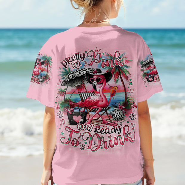 Pretty in Pink and Ready to Drink - Pink Flamingo Beach Graphic Tee for Women - AOP Shirts QT5061801