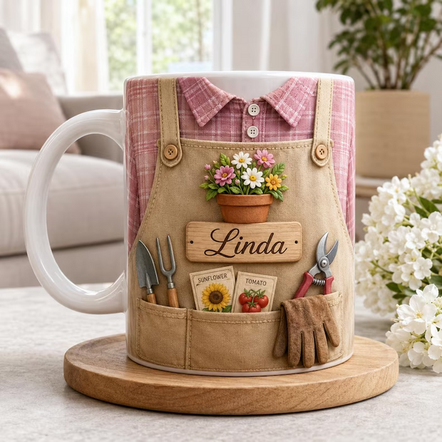 Floral Apron - Personalized Accent Mug - Gift For Garden Lovers
