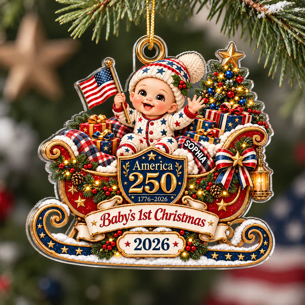 Baby On Sleigh First Christmas 250th America Patriotic Decor, Gifts for New Parents - Personalized Acrylic Ornament