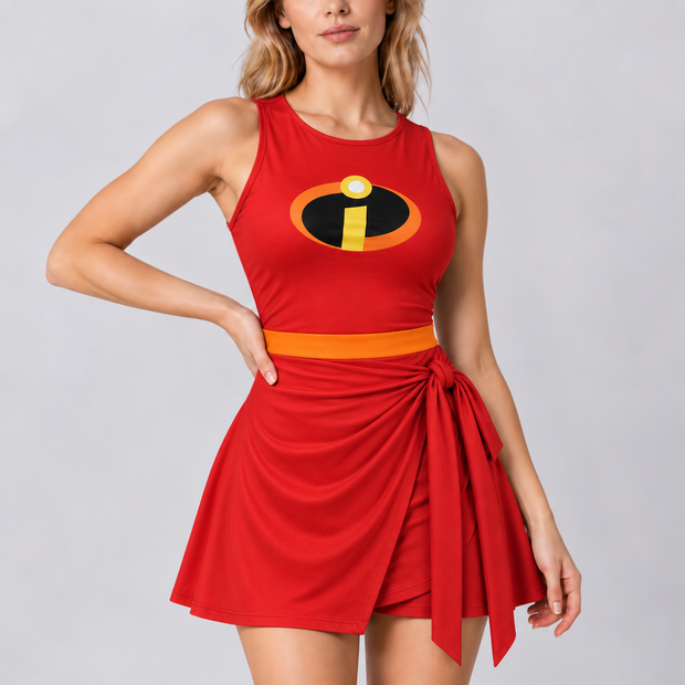 Heroic Crimson Red Stretchy Elastic Superheroine Masked Family Halloween Tennis Dress Skirt