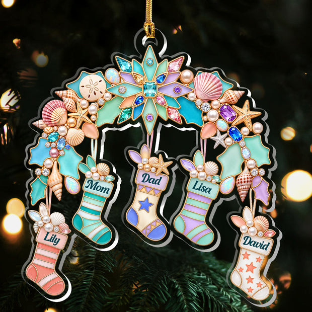 Stockings Family Sea Glass Effect- Personalized Acrylic Ornament - Gift For Family