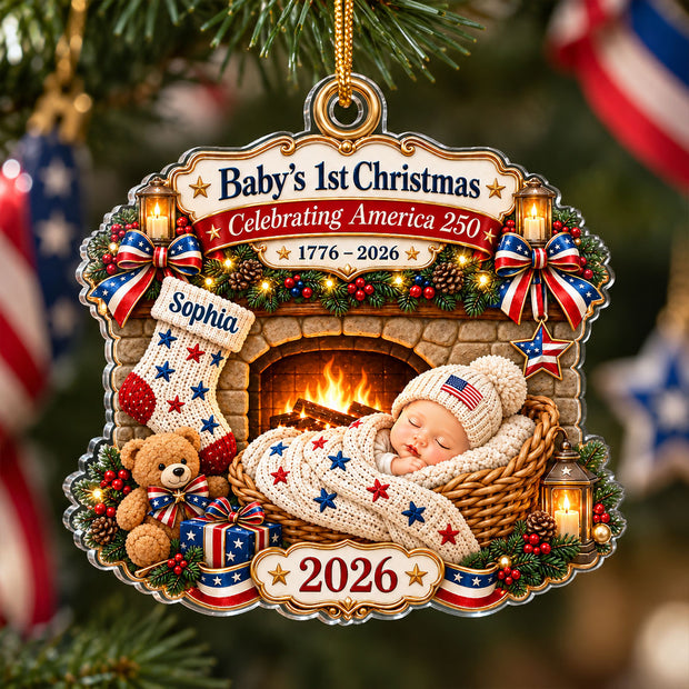 Baby By Fireplace First 250th America Christmas Decor, Gifts for New Parents - Personalized Acrylic Ornament
