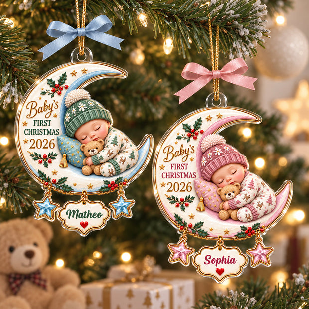 Baby's First Christmas Moon & Star Newborn Gift for New Parents  - Personalized Acrylic Ornament