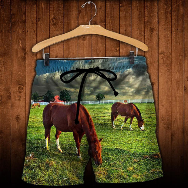 Horses In Field - Beach Shorts