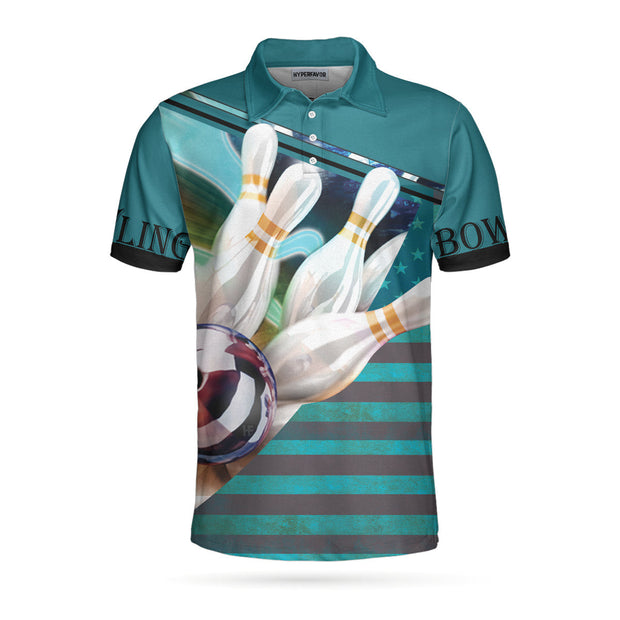 Love Bowling Polo Shirt, Blue American Flag Bowling Shirt For Men