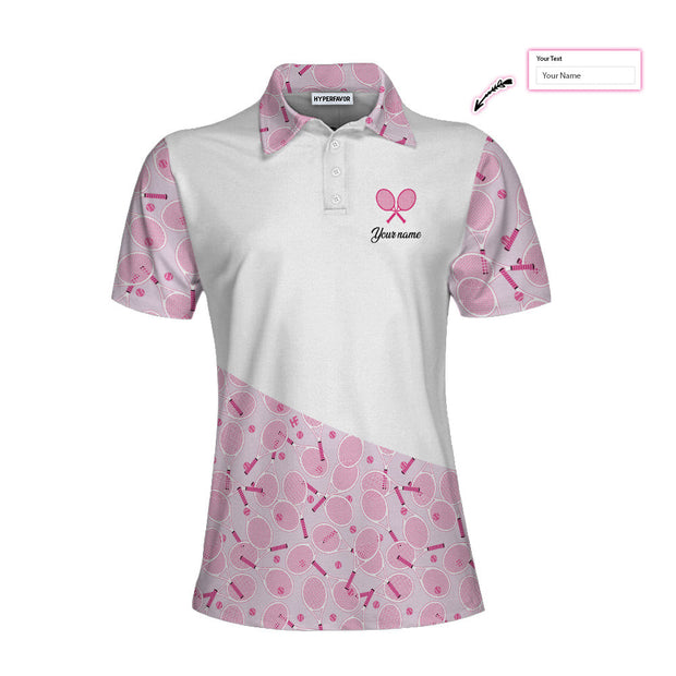 Personalized Custom Name I Play Tennis Like A Girl Custom Cosplay Short Sleeve Woman Polo Shirt, White And Pink Tennis Polo Shirt For Ladies